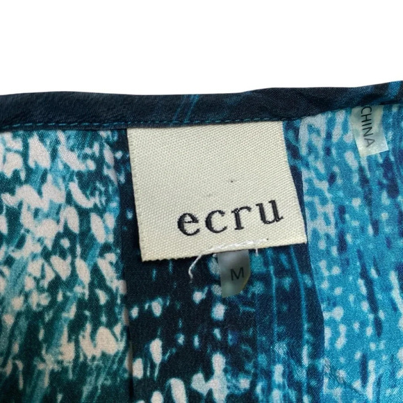 Ecru Silk Blouse Navy Cream Turquoise V-Neck Hidden Button Work Top M - Picture 11 of 13